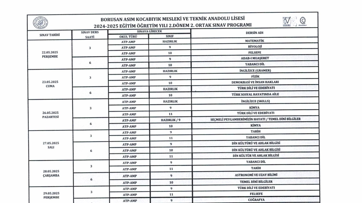 2024 - 2025 2.DÖNEM 2.SINAV ORTAKSINAV PROGRAMI